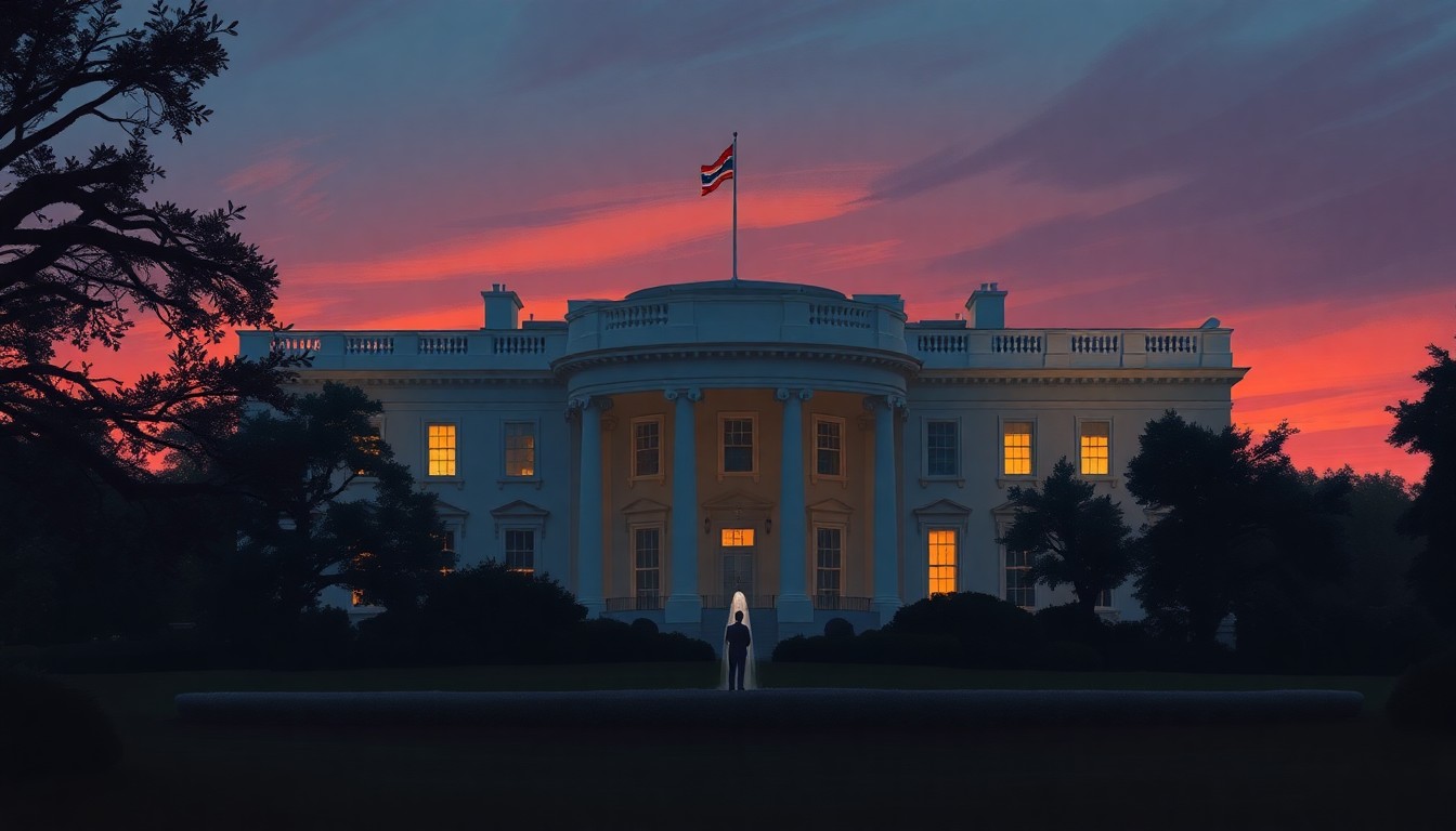 A cinematic painting in the style of Edward Hopper, depicting the White House at dusk with a solitary figure standing on the balcony, the building bathed in warm, diagonal sunlight and deep shadows, conveying a sense of contemplation and uncertainty about the administration's future.