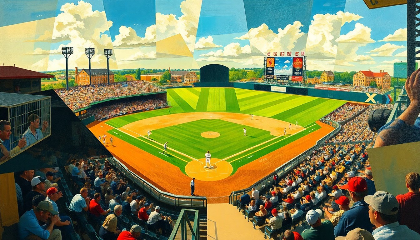 A fragmented, geometric painting depicting a college baseball game, with players and the field broken down into sharp, overlapping shapes and planes of color.