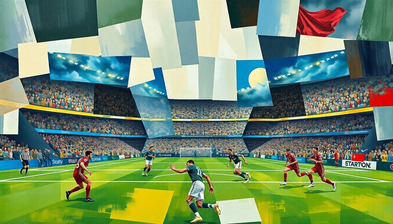 A cubist-style painting featuring overlapping geometric shapes and planes in shades of brown, blue, and green, conceptually representing the multifaceted nature of a football game or match.