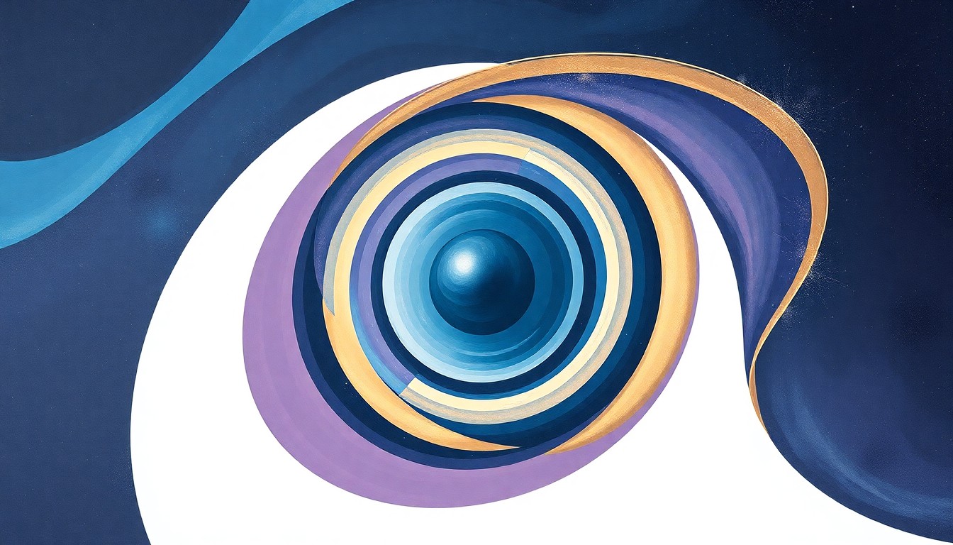 A bold, abstract painting featuring sweeping geometric arcs, concentric circles, and spiraling waveforms in a soft palette of blues, purples, and golds, conceptually representing the complex forces and concepts of deep space travel.