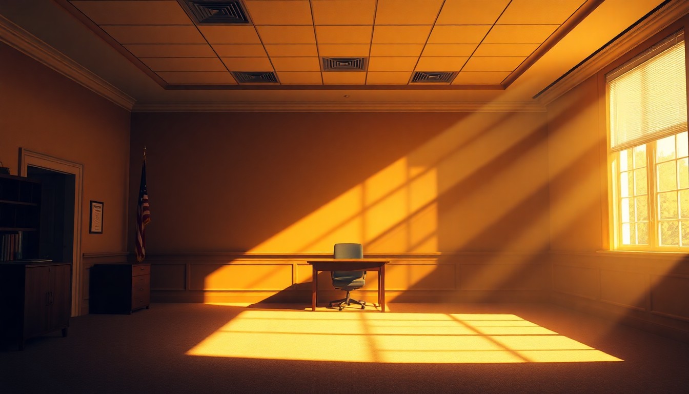 A dimly lit, cinematic painting of an empty government office space, with warm sunlight streaming in through the windows and deep shadows cast across the room, conveying a sense of transition and the end of a political era.