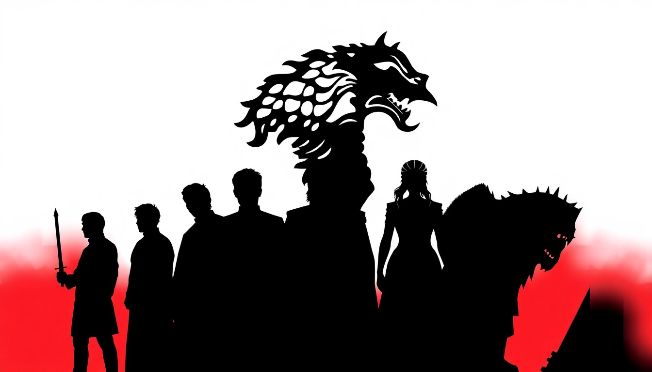 A minimalist, abstract illustration featuring sharp, jagged black silhouettes of iconic science fiction and fantasy characters against a high-contrast background of solid red and white colors, conceptually representing the diverse array of pop culture guests at the upcoming Motor City Comic Con.