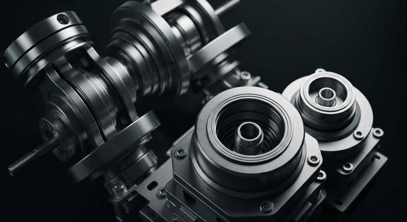 A highly detailed, cinematic close-up image of heavy, metallic automotive semiconductor components and manufacturing machinery, dramatically lit against a dark background to represent the industrial nature of indie Semiconductor's business.