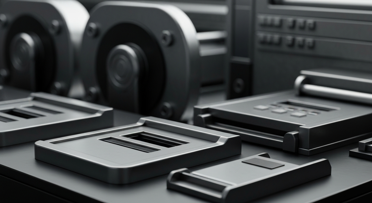 A highly detailed, close-up view of industrial banking equipment and machinery, conveying a sense of institutional financial security and stability without any text or identifiable elements.