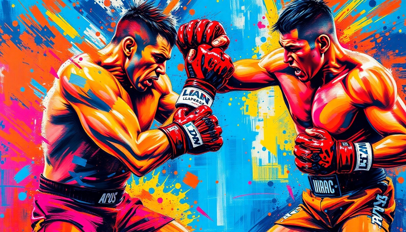An abstract, expressionist painting in vibrant neon colors, capturing the raw, explosive energy of an intense MMA fight with rapid, energetic brushstrokes and dissolving faces and limbs.