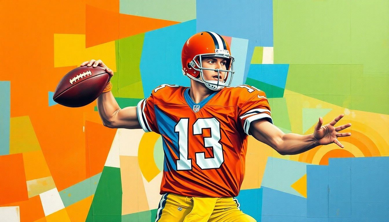 A cubist-style painting depicting a quarterback in the midst of throwing a pass, with the figure broken down into sharp, overlapping geometric shapes in a vibrant color palette, capturing the dynamic energy of the sport.