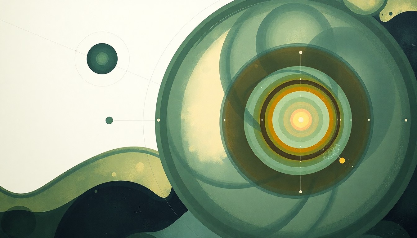 A highly structured abstract painting in soft, earthy tones of green, blue, and brown, resembling a massive scientific diagram with sweeping geometric arcs, concentric circles, and precise spirals, conceptually representing the complex forces and innovations in nuclear medicine and molecular imaging.