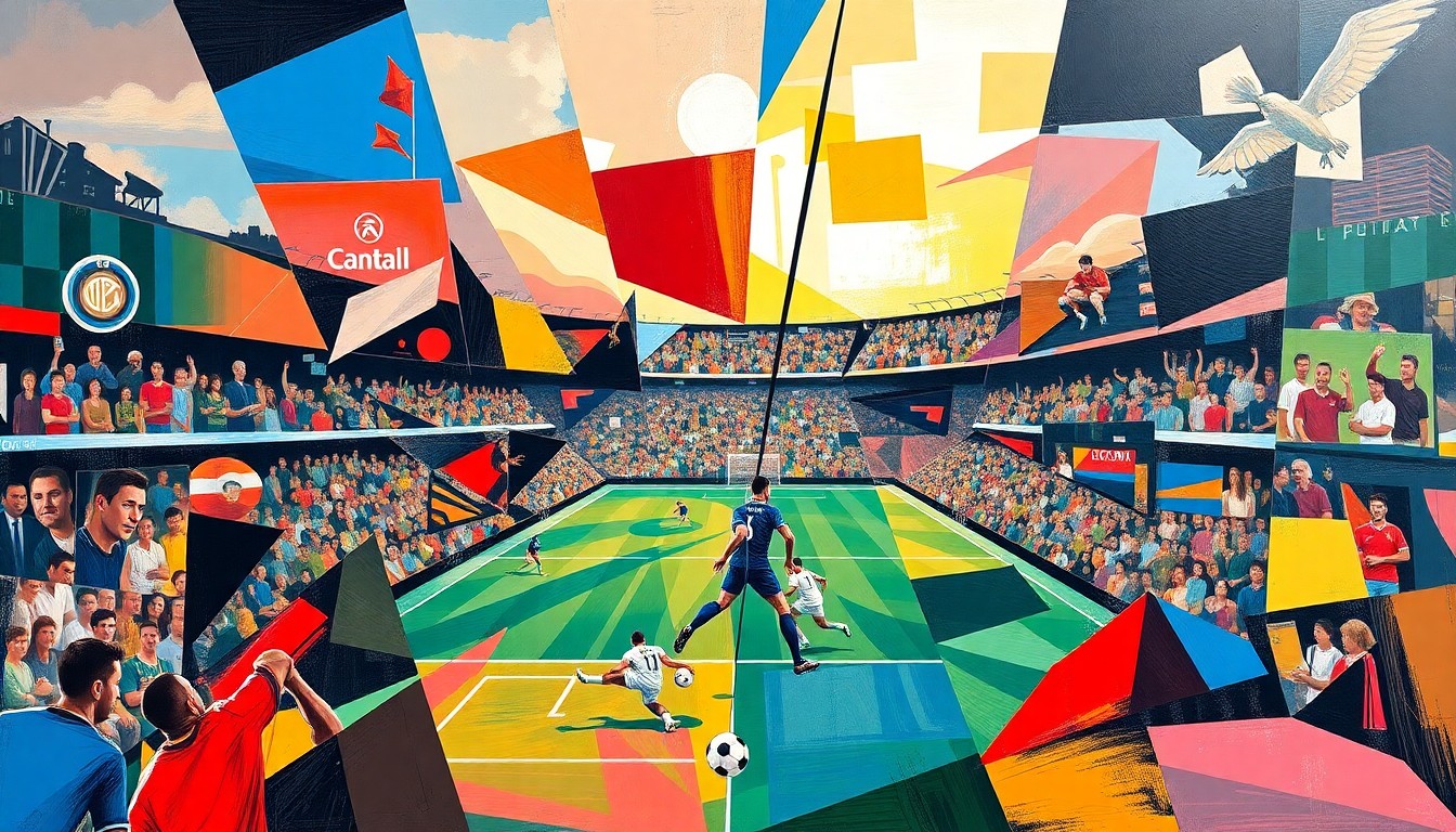A fragmented, geometric painting depicting the dynamic movements and competing perspectives of a soccer match, with players and the field deconstructed into sharp, overlapping shapes and planes.