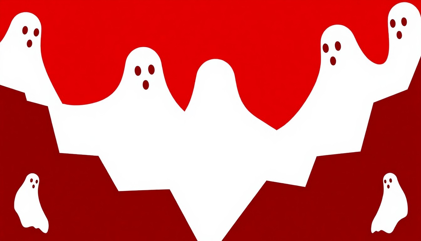 An abstract, minimalist illustration featuring stark black silhouettes of two figures against a vibrant red background, conceptually representing the addition of new guest stars to the cast of the TV show 'Ghosts.'
