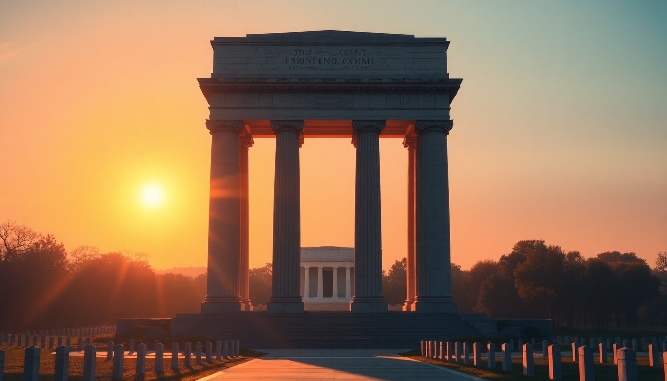 A serene, cinematic painting depicting a towering, classical-style arch made of granite and marble, with columns and ornate detailing, set against the backdrop of the Lincoln Memorial and Arlington National Cemetery. The arch is bathed in warm, diagonal sunlight and deep shadows, creating a contemplative and nostalgic mood.