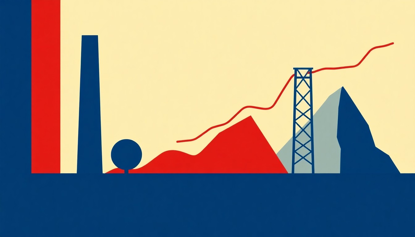 A minimalist abstract illustration using bold geometric shapes and primary colors to conceptually represent the impact of rising energy prices on inflation.