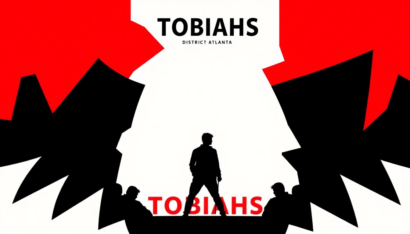 A striking, abstract illustration featuring bold, jagged geometric shapes in high-contrast black, red, and white, conceptually representing the energy and emotion of Tobiahs' electronic music performance.
