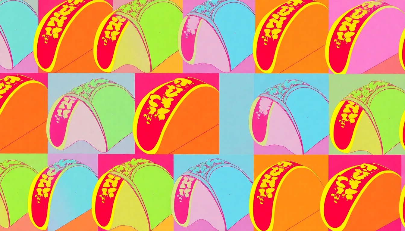 A bold, colorful silkscreen print featuring a repeating pattern of a single iconic Mexican food item, conceptually representing the expansion of a beloved local restaurant into a new market.