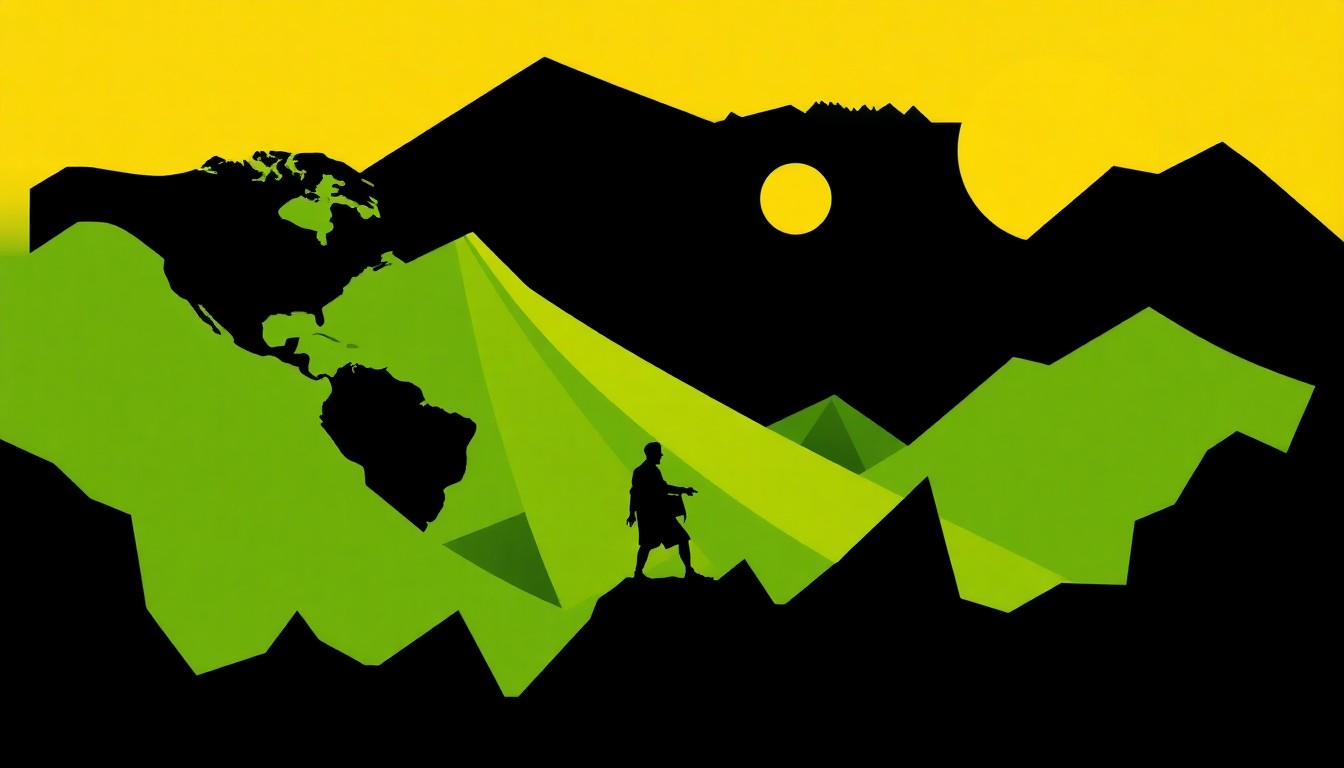 An abstract, minimalist illustration using sharp, geometric shapes in earthy greens and yellows to conceptually represent the themes of nature and the human experience.