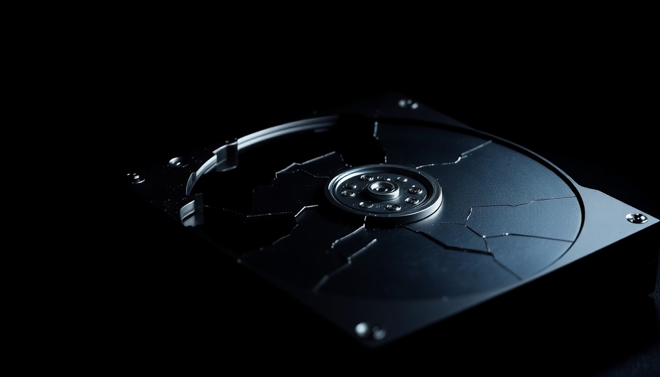 An extreme close-up photograph of a cracked and damaged computer hard drive, conceptually representing the violation of trust and exploitation of vulnerable individuals by a media professional.