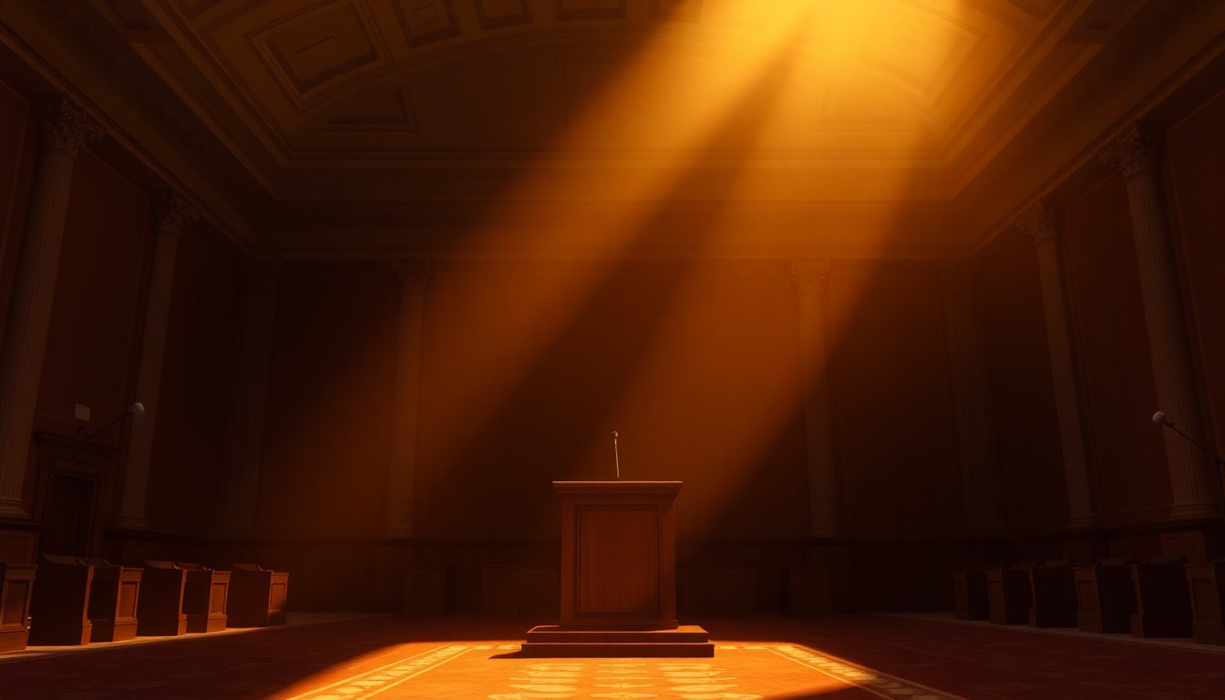 A dimly lit, cinematic painting of an empty government podium, with warm diagonal sunlight and deep shadows, conveying a sense of political uncertainty.