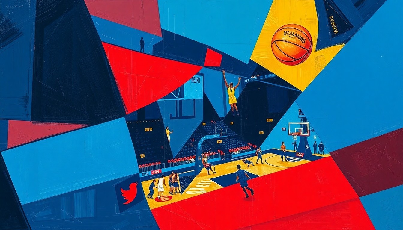 A cubist, geometric painting depicting a fragmented WNBA basketball game, with players and the court broken down into sharp, overlapping planes of navy, red, and gold.