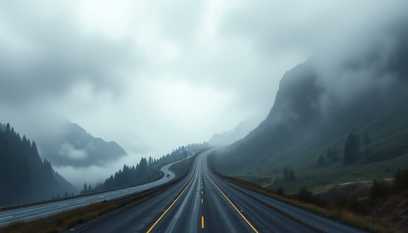A sweeping, atmospheric landscape painting depicting the northbound lanes of Interstate 5 winding through a mountainous, fog-shrouded region, with the highway dwarfed by the overwhelming scale of the natural environment.