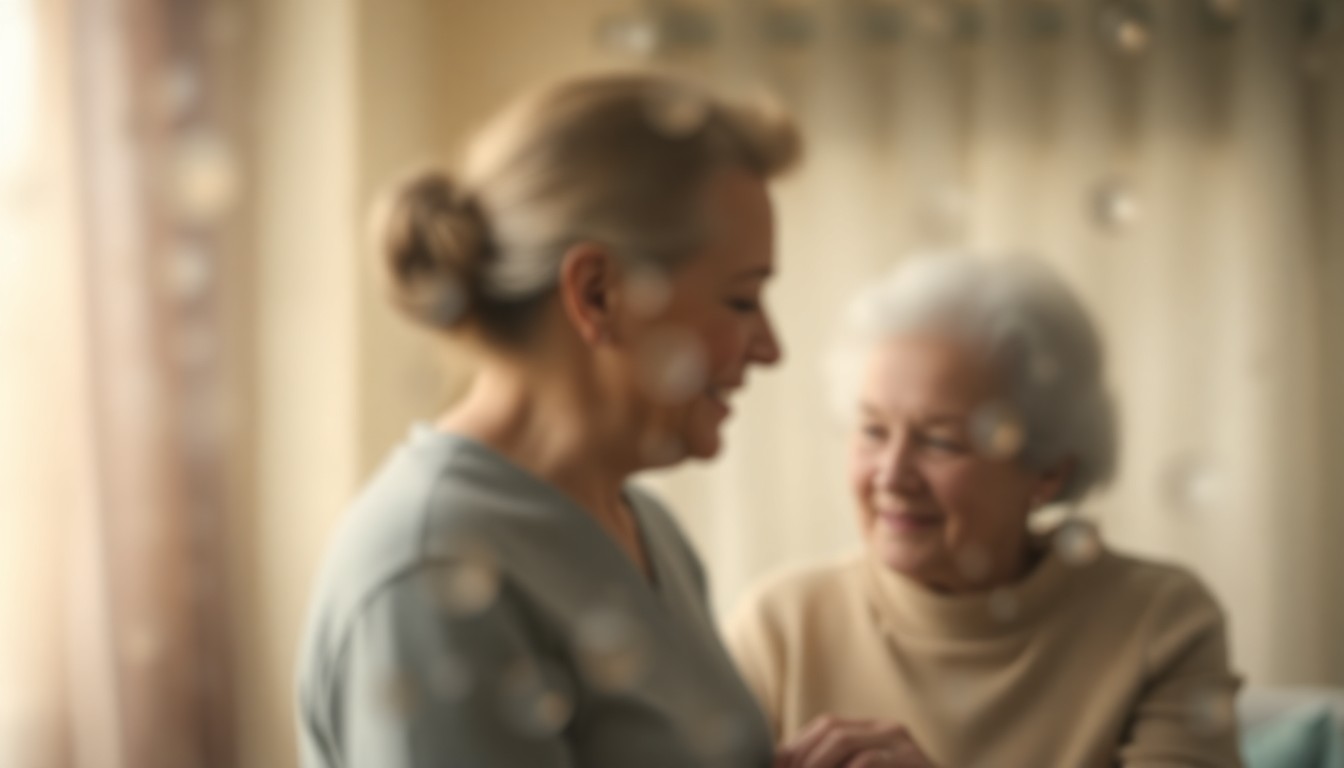An extremely abstracted, out-of-focus photograph shot through condensation or rain-streaked glass, depicting a warm, blurred scene of a caregiver gently assisting an elderly person. Soft pools of muted colors and gentle light create an atmosphere of tenderness and compassion.