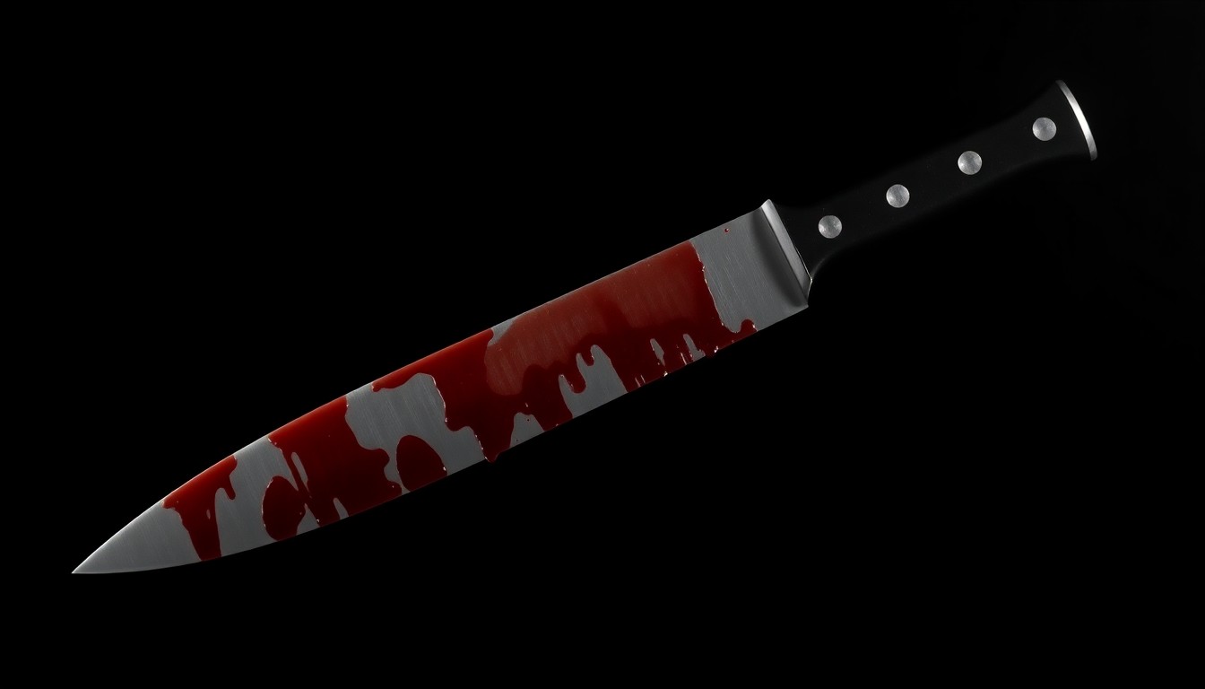 An extreme close-up of a single bloody knife blade against a pitch-black background, conceptually illustrating the violent stabbing of an elderly man in his home.