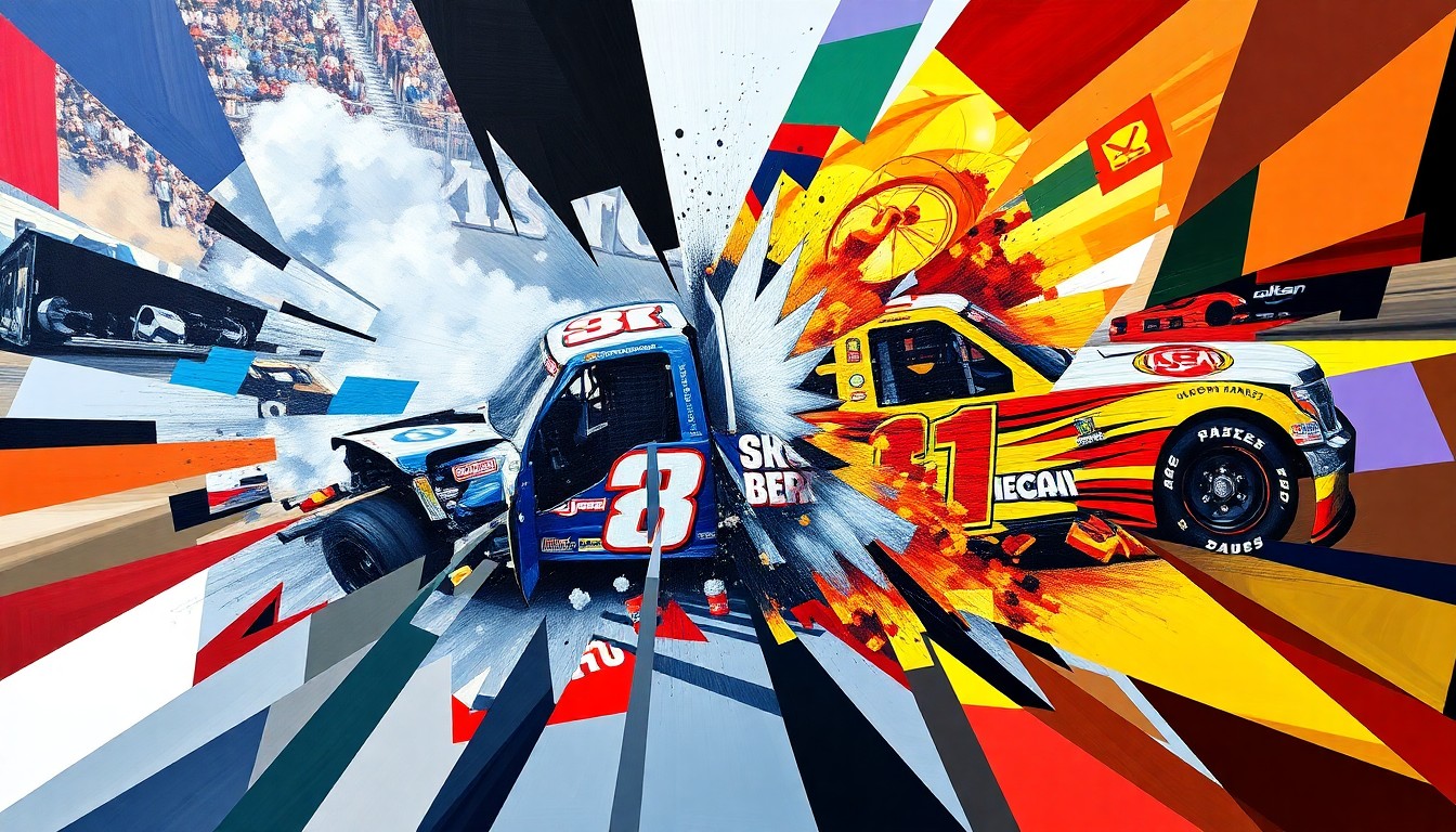 A cubist-style painting featuring overlapping geometric shapes and planes of color, capturing the chaotic moment of the collision between the trucks of Christian Eckes and Corey Heim at the Bristol Motor Speedway NASCAR Craftsman Truck Series race.