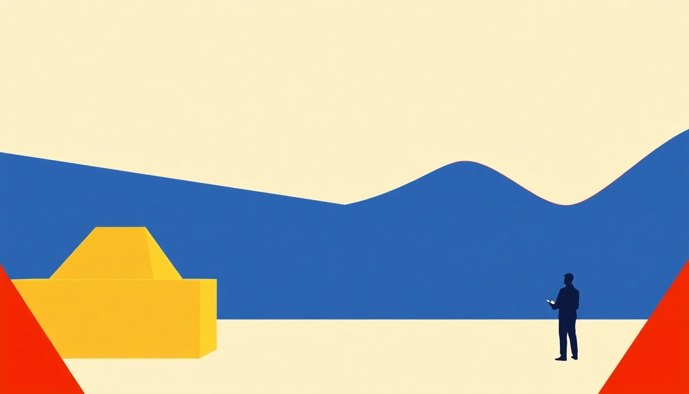 An abstract illustration composed of overlapping triangles and circles in shades of red, blue, and yellow, conveying a sense of economic instability and uncertainty.