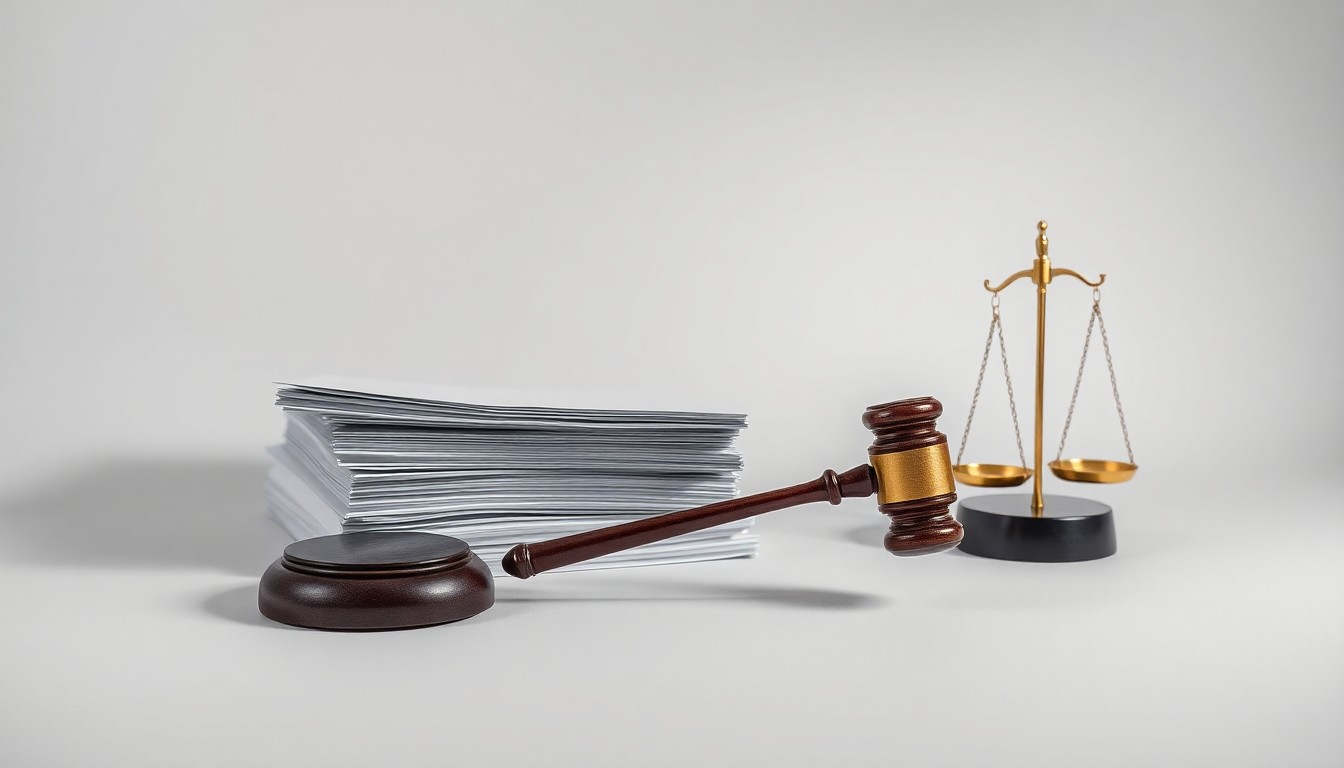 A high-end, photorealistic studio still-life photograph featuring a stack of legal documents, a gavel, and a scale of justice arranged elegantly on a clean, monochromatic background, conceptually representing the abstract concepts of law, justice, and the balance of power in a development dispute.