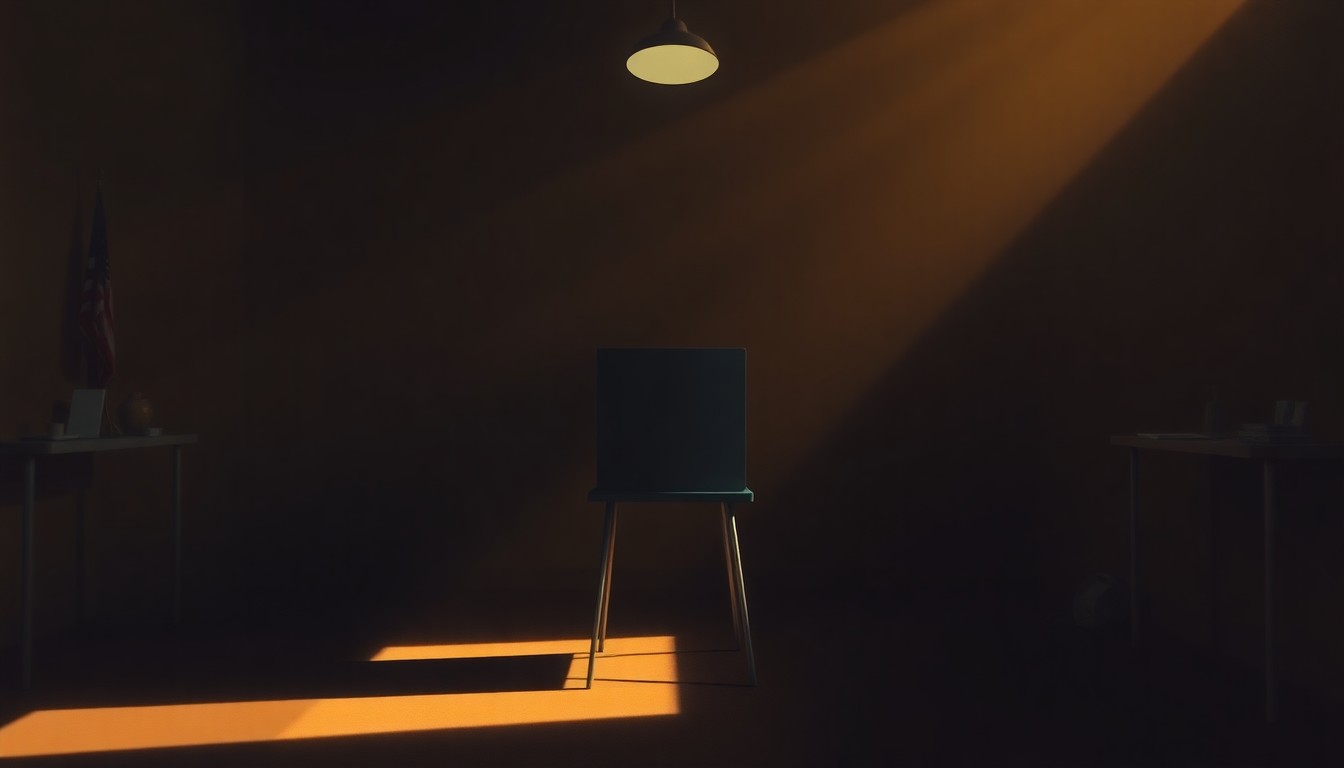 A serene, cinematic painting of a lone voting booth in a dimly lit polling place, the booth's simple design and the surrounding shadows conveying a sense of solemnity and civic duty.