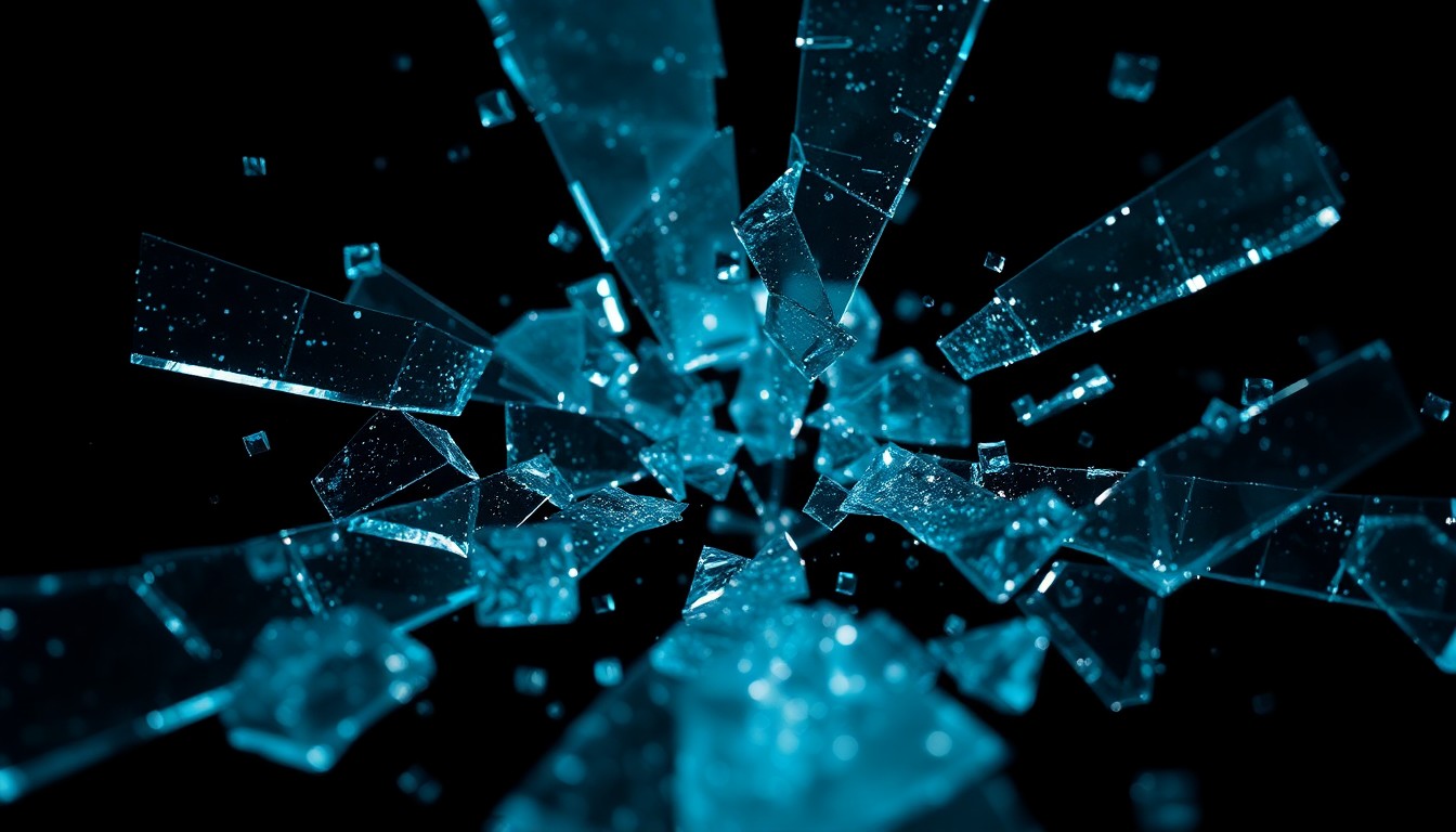 An abstract close-up image of shattered glass and glittering shards, captured in dramatic studio lighting to create a high-fashion, glamorous aesthetic that conceptually represents the edgy world of the Dexter series.