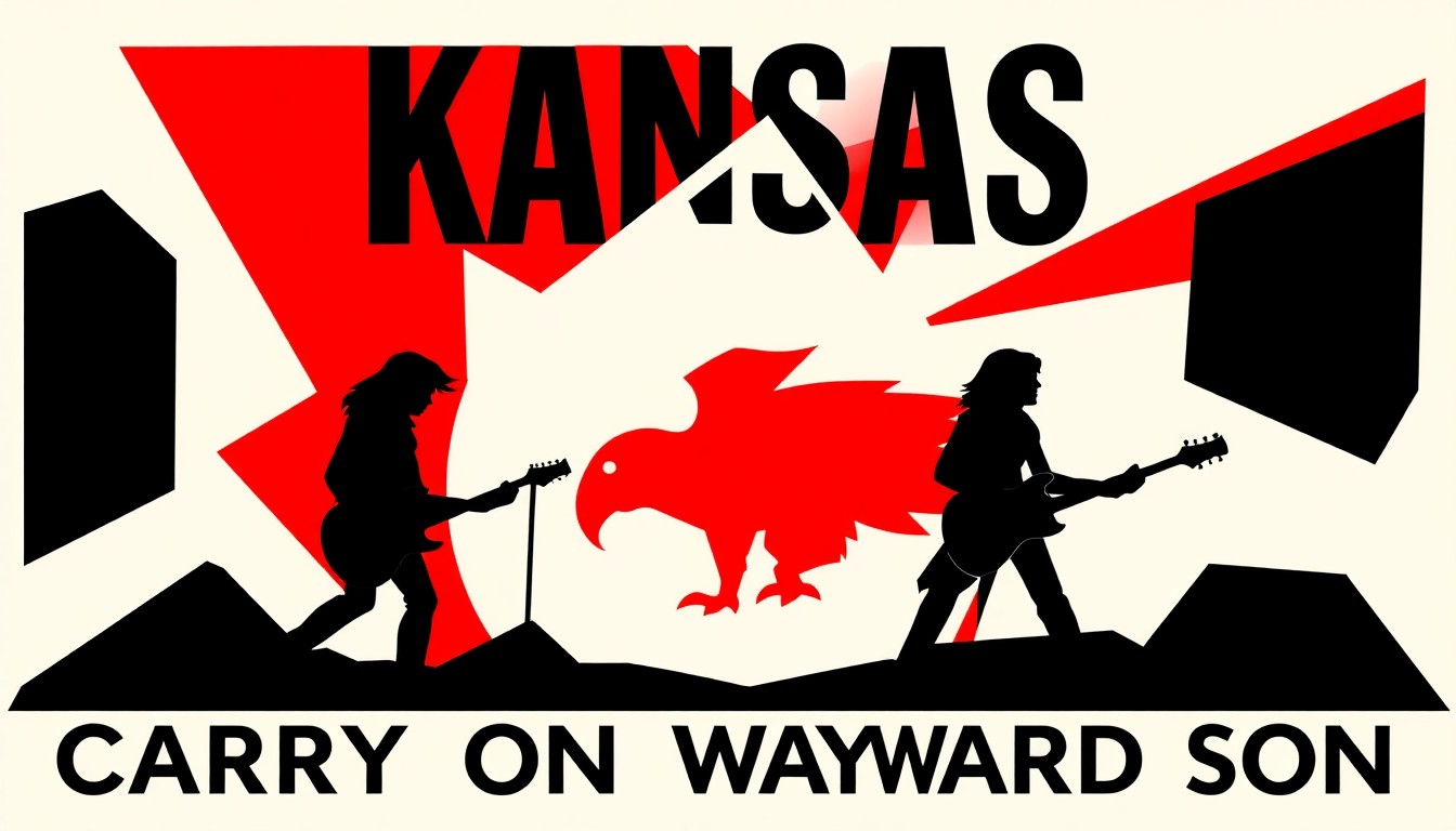 A striking abstract composition of jagged geometric shapes in bold red and white, conceptually representing the classic rock band Kansas and their iconic song 'Carry On Wayward Son'.