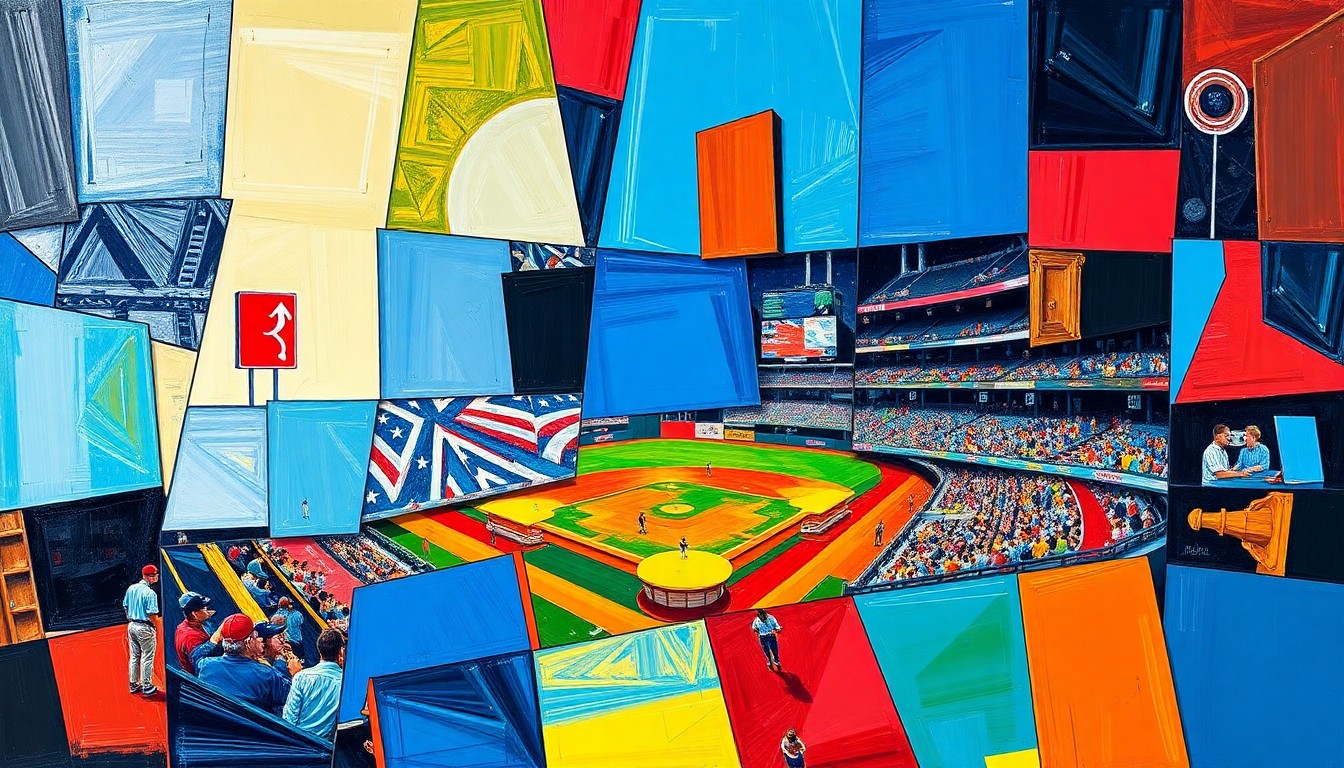 A cubist, geometric painting depicting a baseball game broken down into overlapping planes of bright colors, capturing the dynamic energy of the sport.