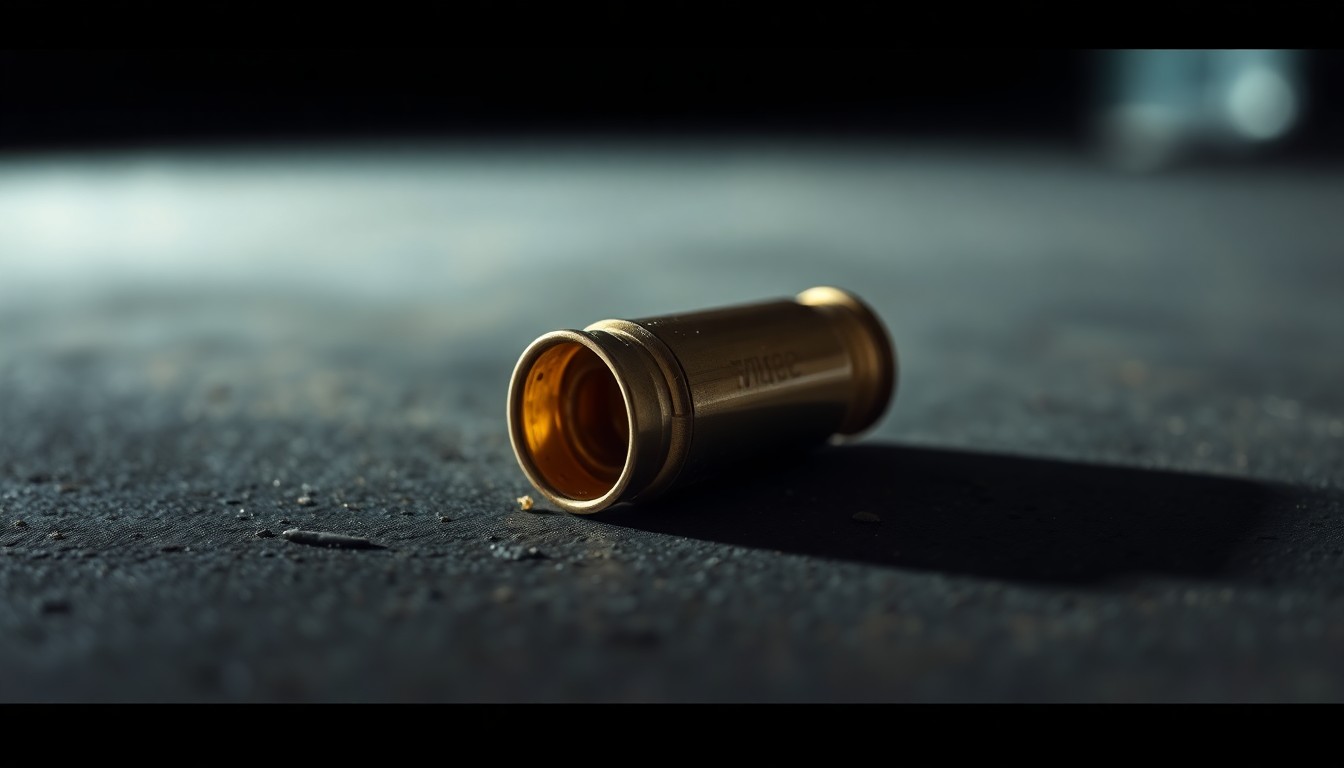 An extreme close-up of a single spent shell casing reflecting a bright flash of light, conceptually representing the violence of a multiple murder case.