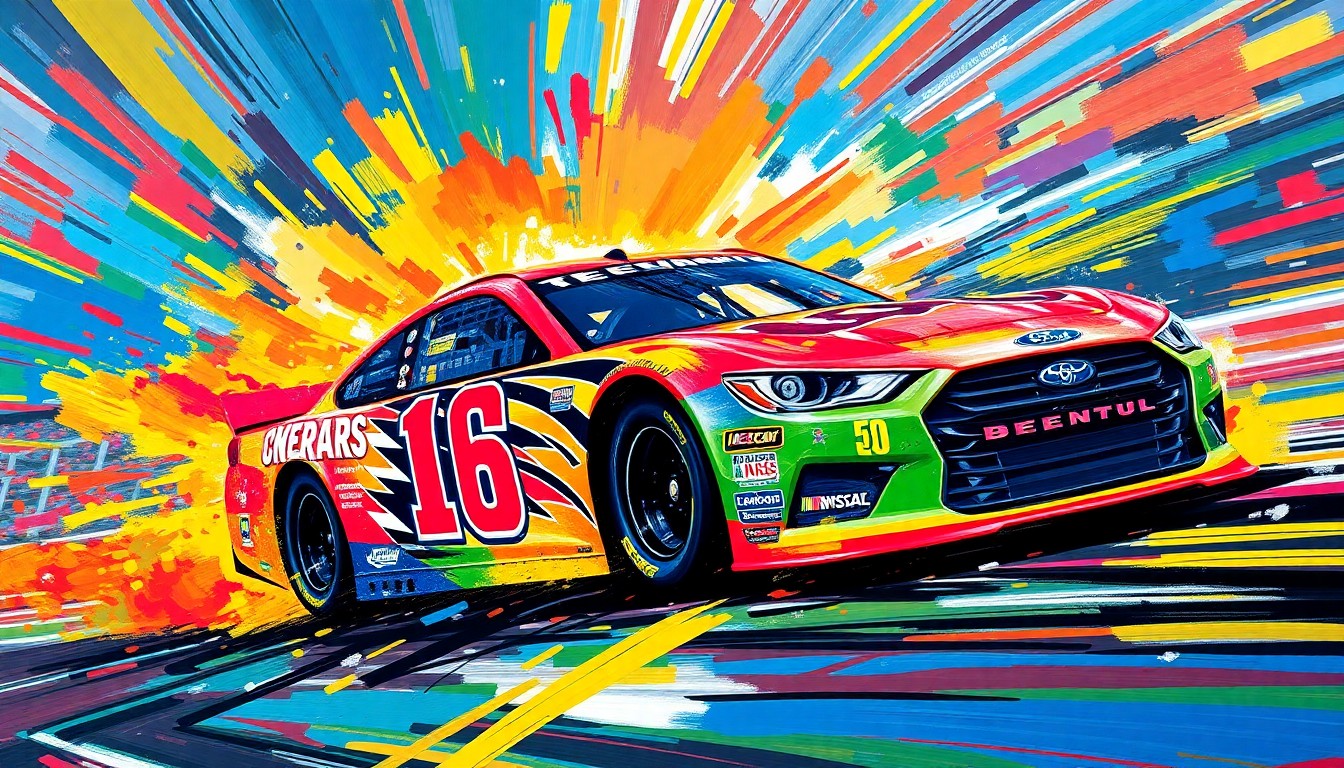 An abstract expressionist painting in vibrant neon colors, capturing the raw energy and intensity of a NASCAR driver navigating the tight turns and high speeds of Bristol Motor Speedway.