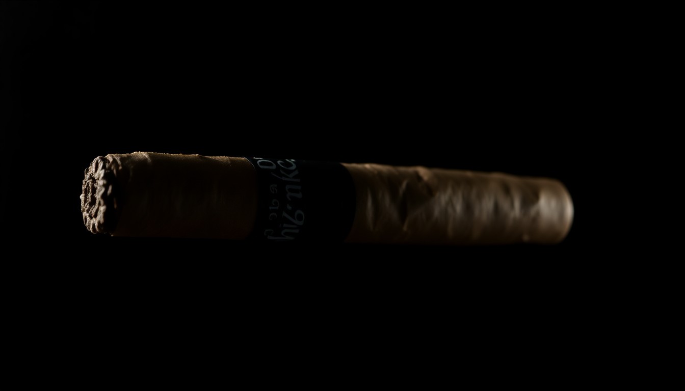 An extreme close-up photograph of a Black & Mild cigar against a pitch-black background, lit by a harsh, direct camera flash, conceptually illustrating the violence that can erupt over minor disputes.