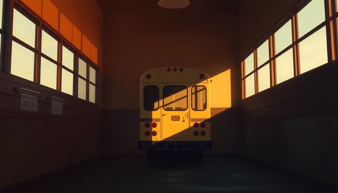 A serene, cinematic painting depicting a lone school bus or classroom object, such as a chalkboard or desk, bathed in warm, golden light and deep shadows, conveying a sense of contemplation and nostalgia around the ongoing debate over education funding in Anchorage.