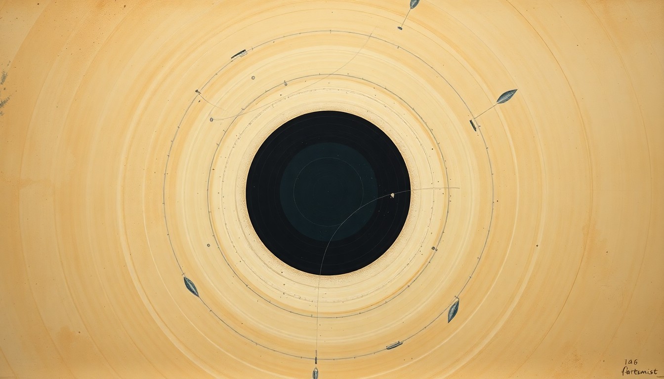 A bold, geometric abstract painting in soft earth tones, featuring sweeping arcs, concentric circles, and precise spirals that conceptually represent the Artemis II spacecraft's journey to the moon and back, conveying the structural order and technical precision of the mission.