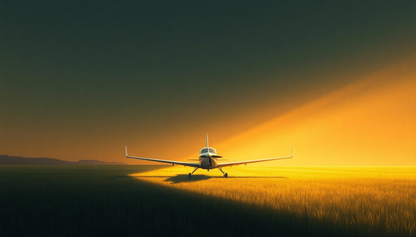 A realistic oil painting depicting a small private plane resting in a grassy field, with warm sunlight casting deep shadows across the scene, conveying a sense of quiet contemplation about the risks and oversight challenges of private flights by elected officials.