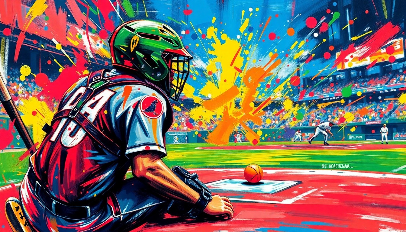 An abstract, expressionist painting in neon colors capturing the energy and movement of a baseball game, with the catcher's gear and home plate dissolving into vibrant brushstrokes.
