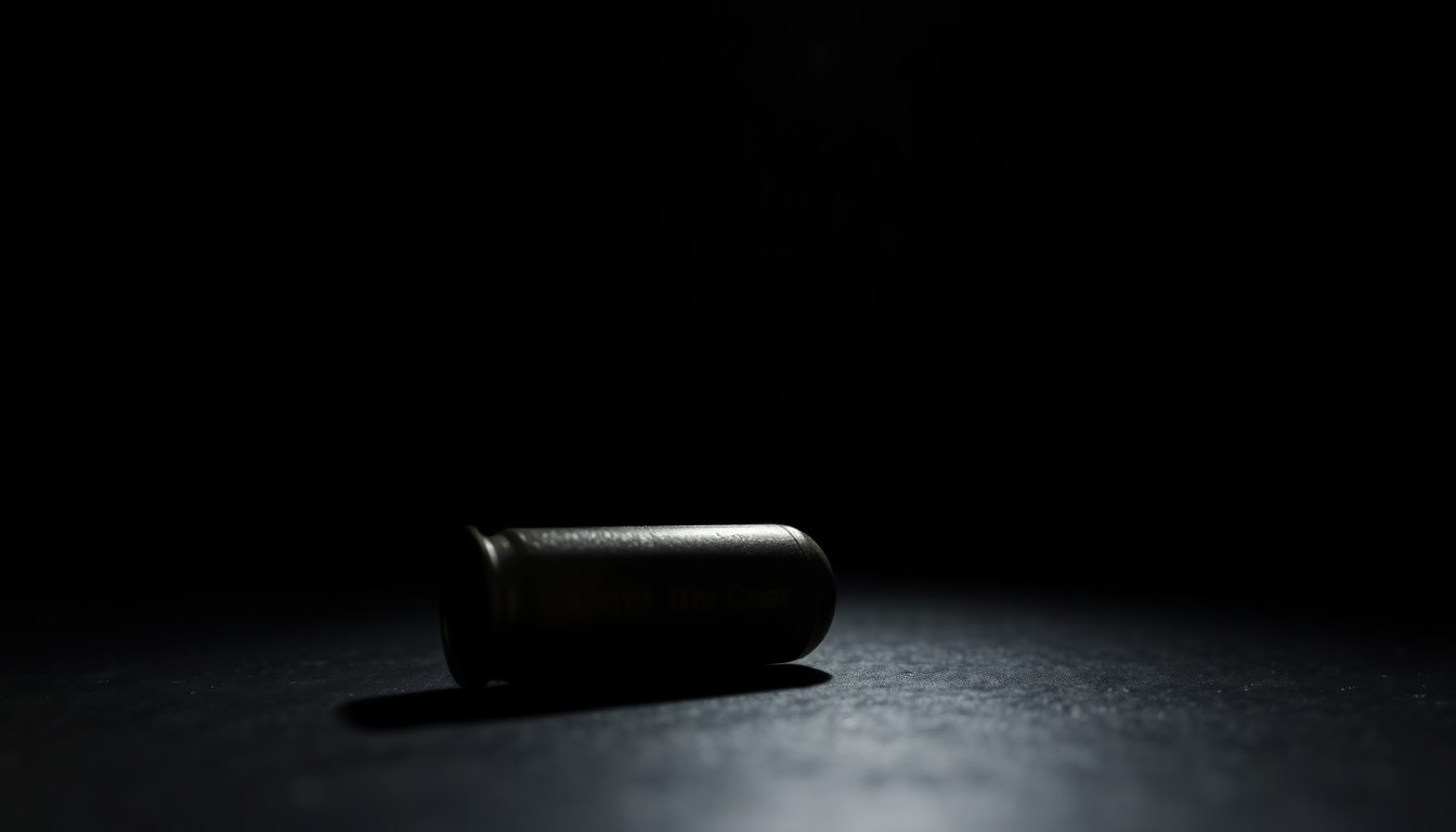 An extreme close-up photograph of a single spent shell casing on a dark surface, lit by a harsh, direct camera flash, creating a gritty, investigative aesthetic.