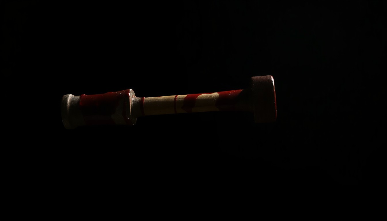 An extreme close-up of a bloodied hammer, its metallic surface reflecting a harsh, direct flash of light, conveying the stark, gritty reality of a violent crime.