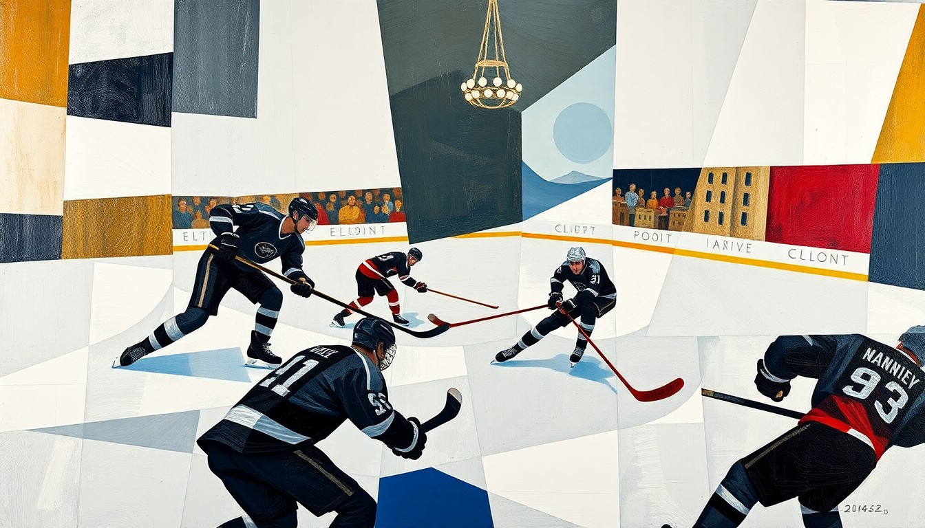 A cubist, fragmented painting depicting a hockey game, with the players and puck represented through sharp, overlapping geometric shapes and planes, capturing the dynamic movement and energy of the sport.