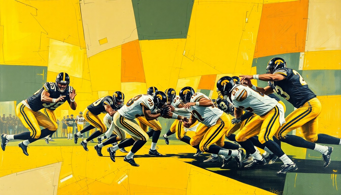 A cubist-style painting depicting an Iowa offensive line blocking play, with the players and field broken down into sharp, overlapping geometric shapes and planes in a vibrant color palette.