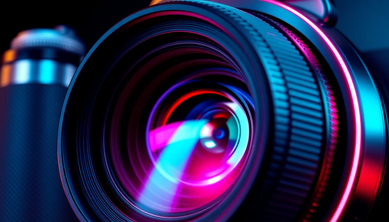A highly detailed, glowing 3D macro illustration of a futuristic camera lens with neon cyan and magenta lights, conceptually representing the industry's obsession with technical specifications and the pursuit of the impossible.