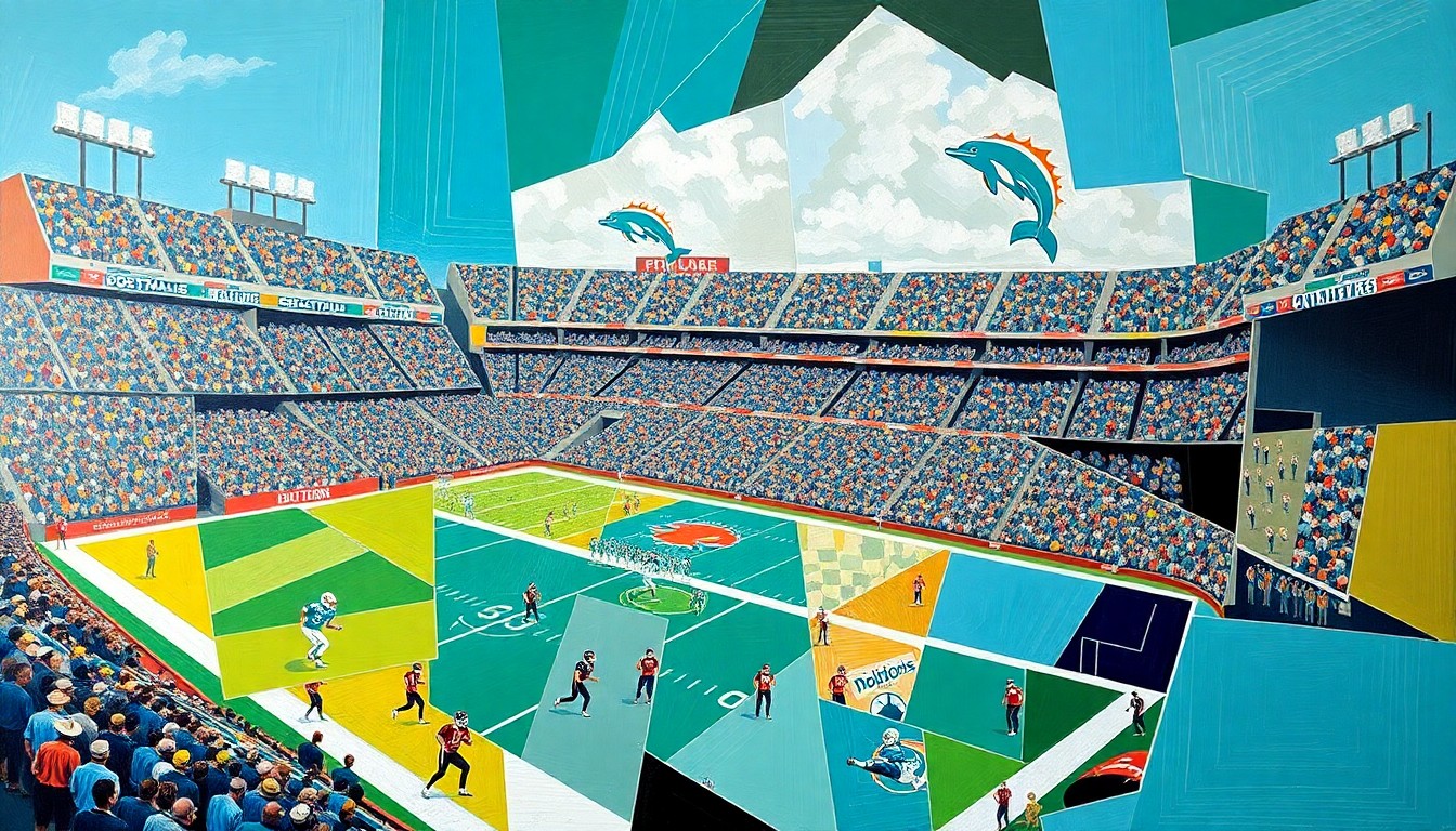 A cubist, geometric painting depicting a Miami Dolphins football game, with players and the stadium field broken down into sharp, overlapping planes of color and shape, capturing the dynamic energy and multiple perspectives of the sport.