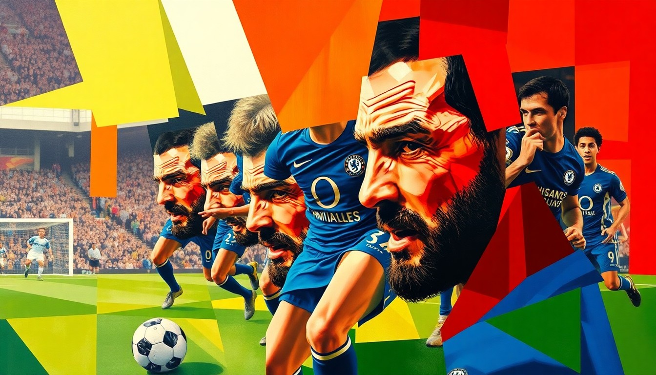 A cubist-style painting depicting a Chelsea football match, with the players and action broken down into sharp, overlapping geometric shapes and planes, creating a sense of raw energy and tension.