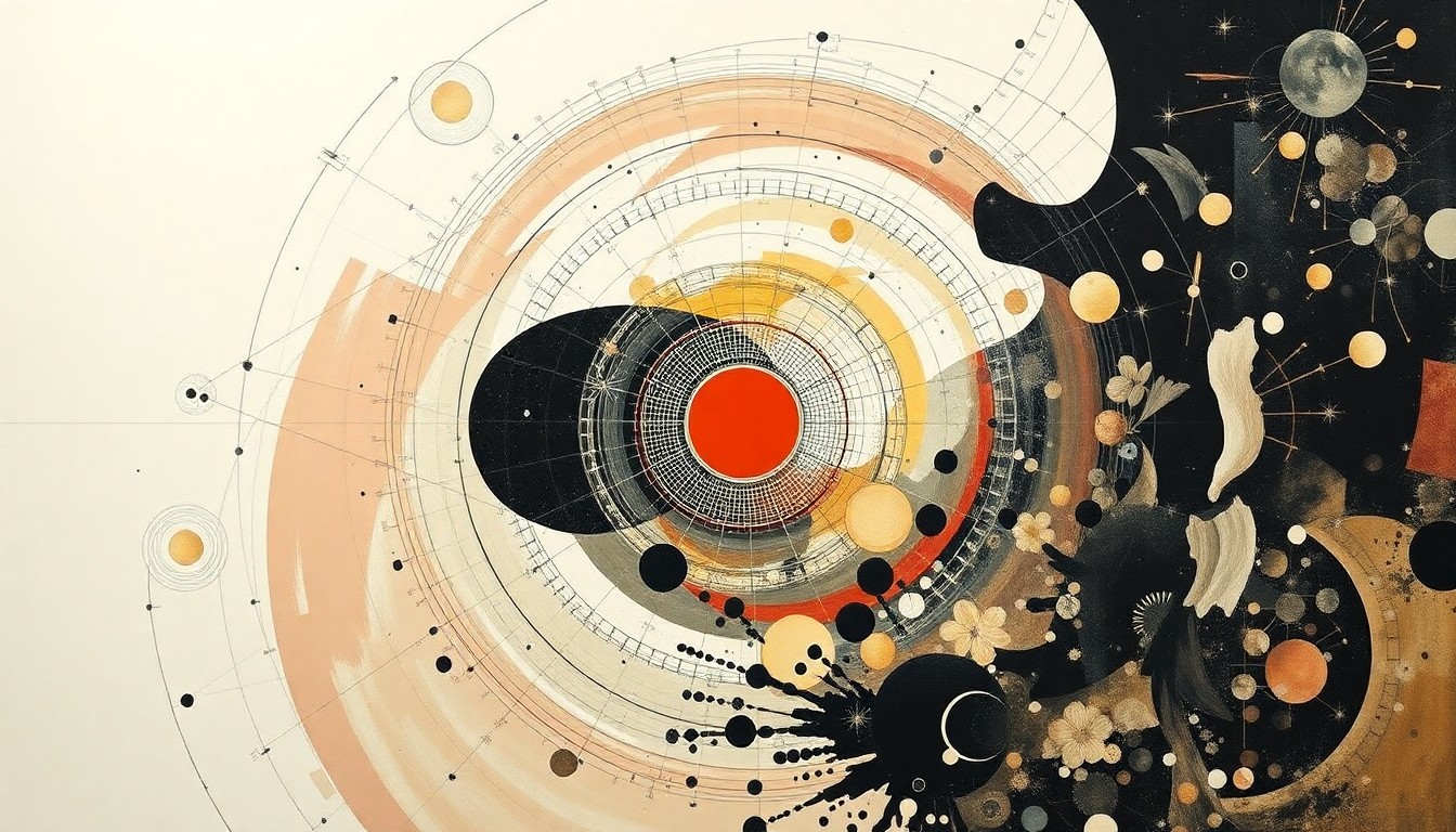 An abstract painting featuring sweeping geometric arcs, concentric circles, and precise botanical spirals in muted colors, conceptually representing the complex scientific forces and mysteries surrounding the recent incidents involving U.S. researchers.
