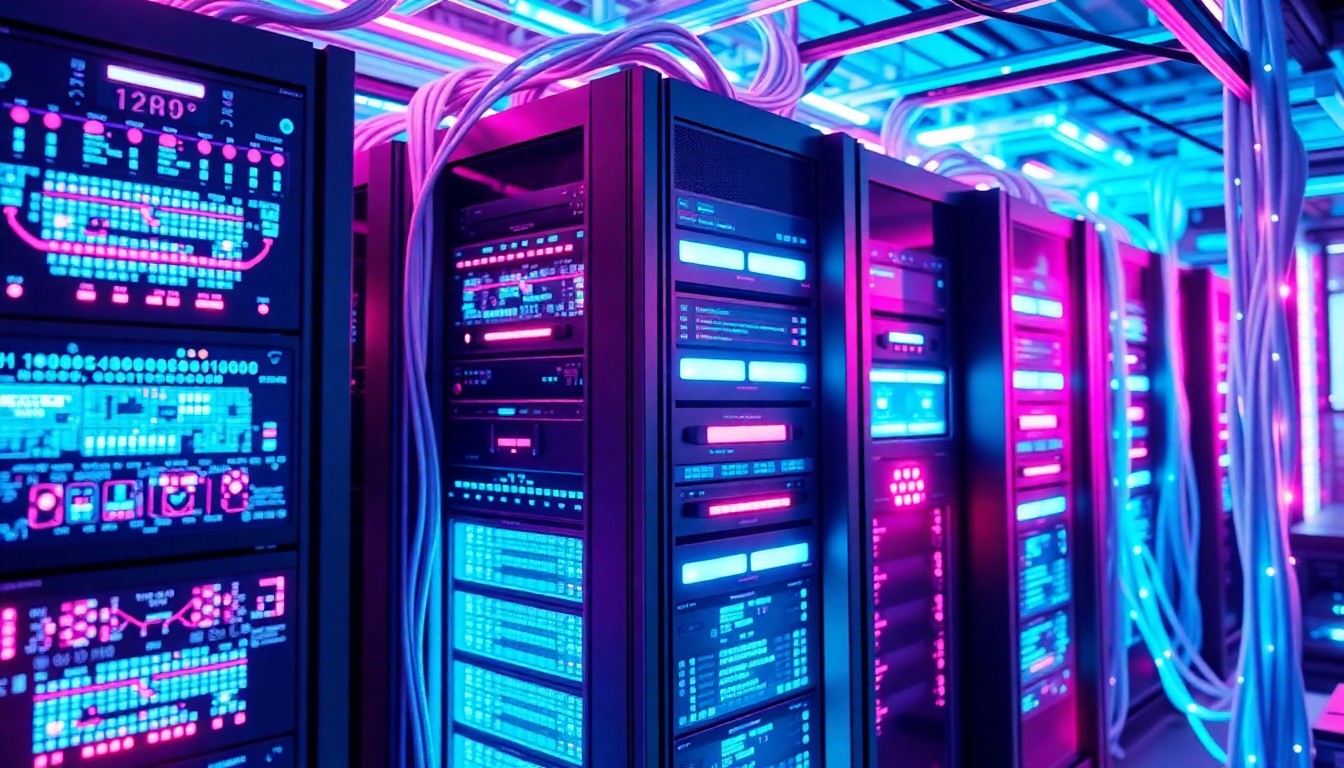 A highly detailed, glowing 3D illustration of interconnected AI hardware and infrastructure, including server racks, circuit boards, and data cables, all illuminated by vibrant neon cyan and magenta lights, conceptually representing the complex, high-tech reality of modern artificial intelligence systems.