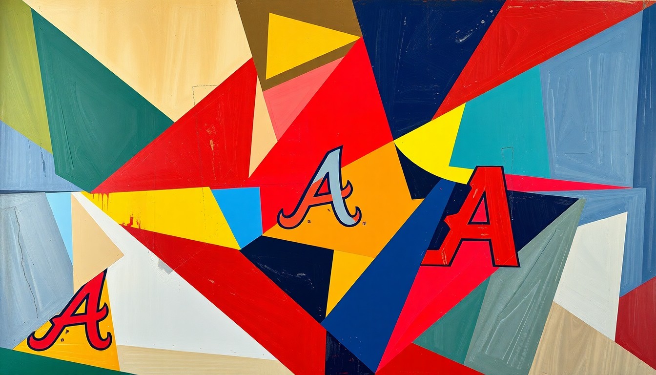 A fragmented, geometric painting in bold colors depicting the dynamic action and energy of a high-scoring baseball game, with overlapping shapes and planes representing the game's key moments and momentum shifts.