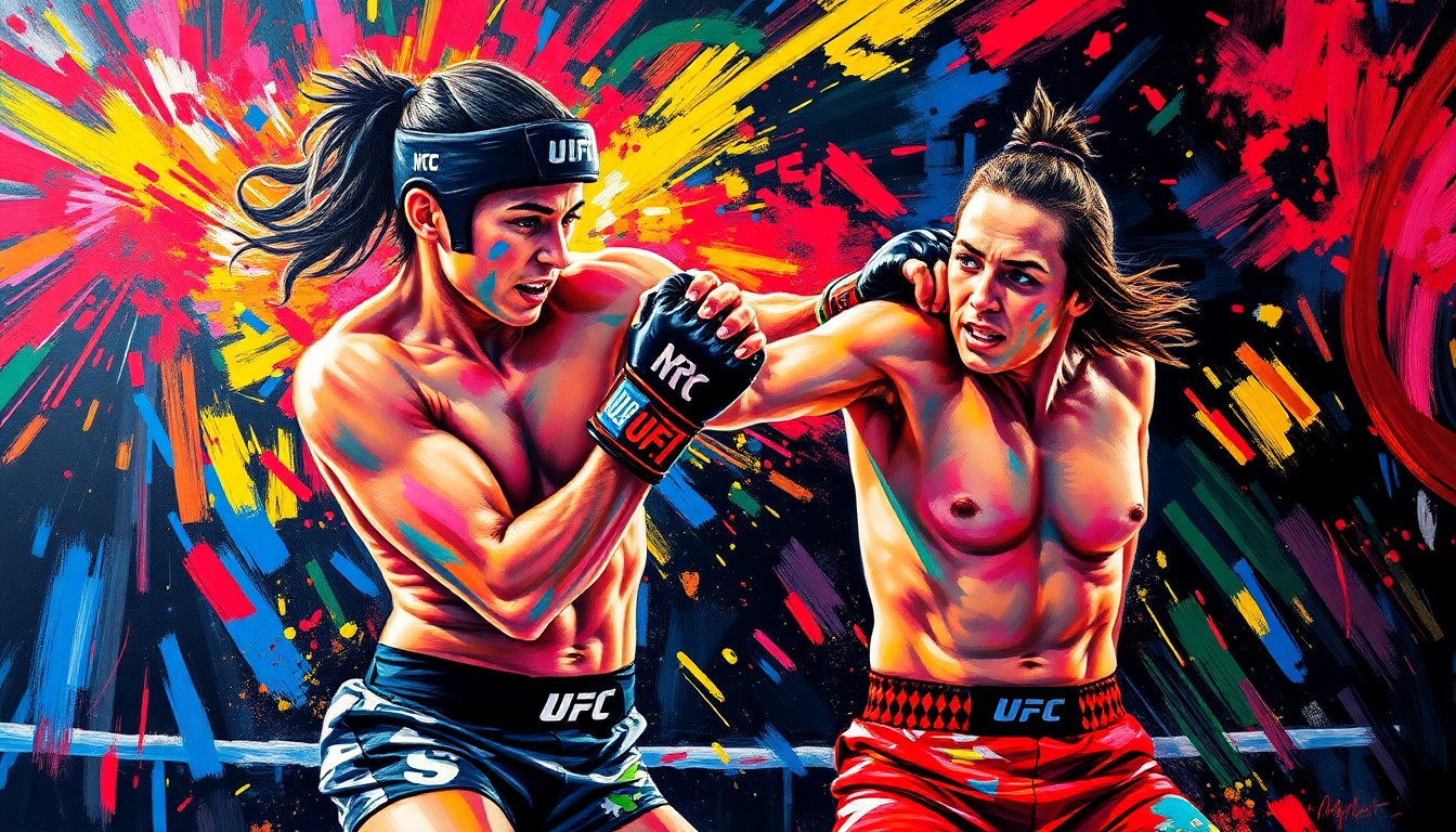 An extreme close-up of Alice Pereira's fist mid-punch, surrounded by a vibrant, expressionist swirl of neon colors and brushstrokes, capturing the explosive energy of her knockout win in the UFC.
