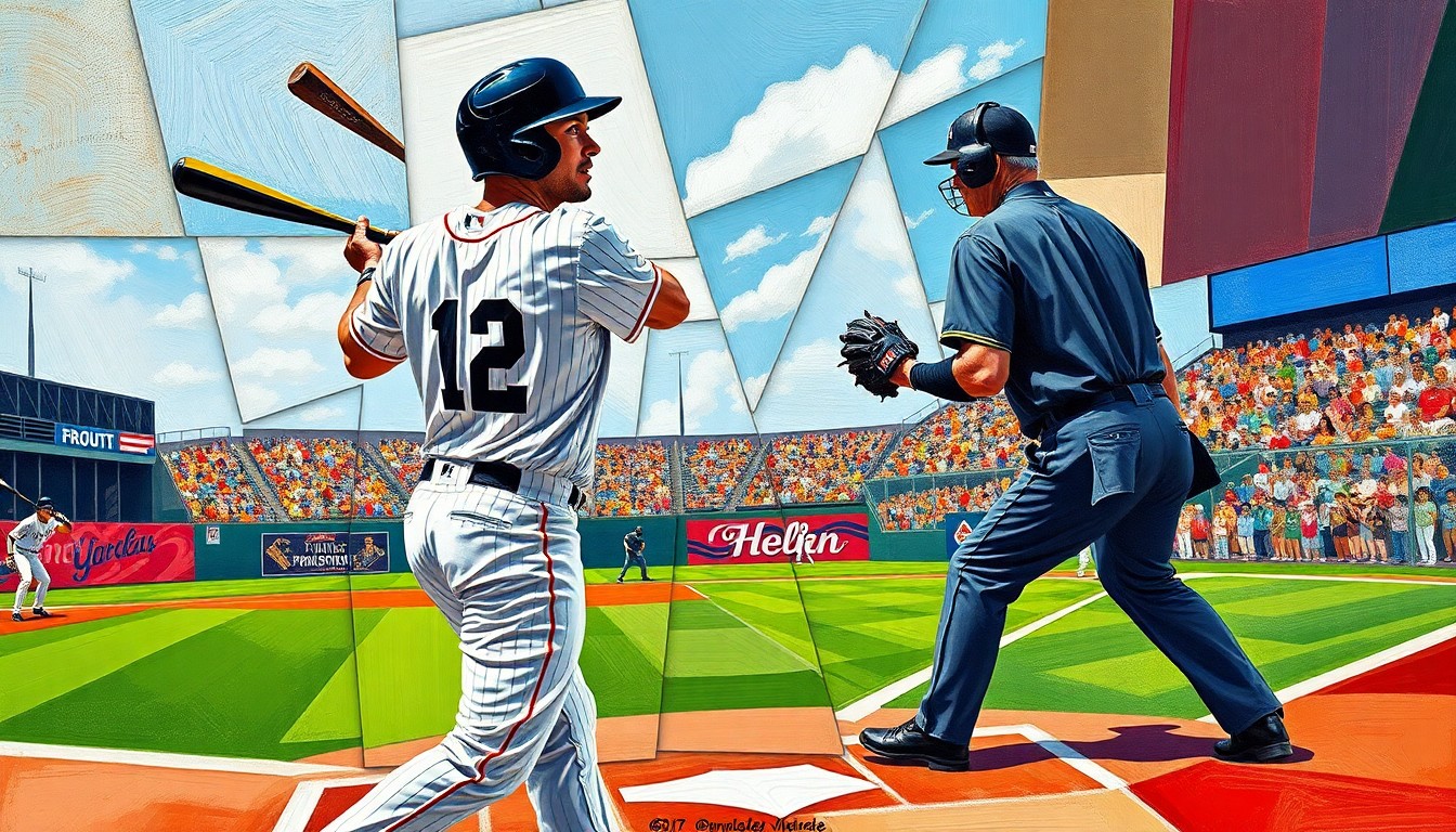A cubist, geometric painting depicting a baseball player batting and an umpire's strike call, with sharp, overlapping planes of color representing the dynamic action of the game.